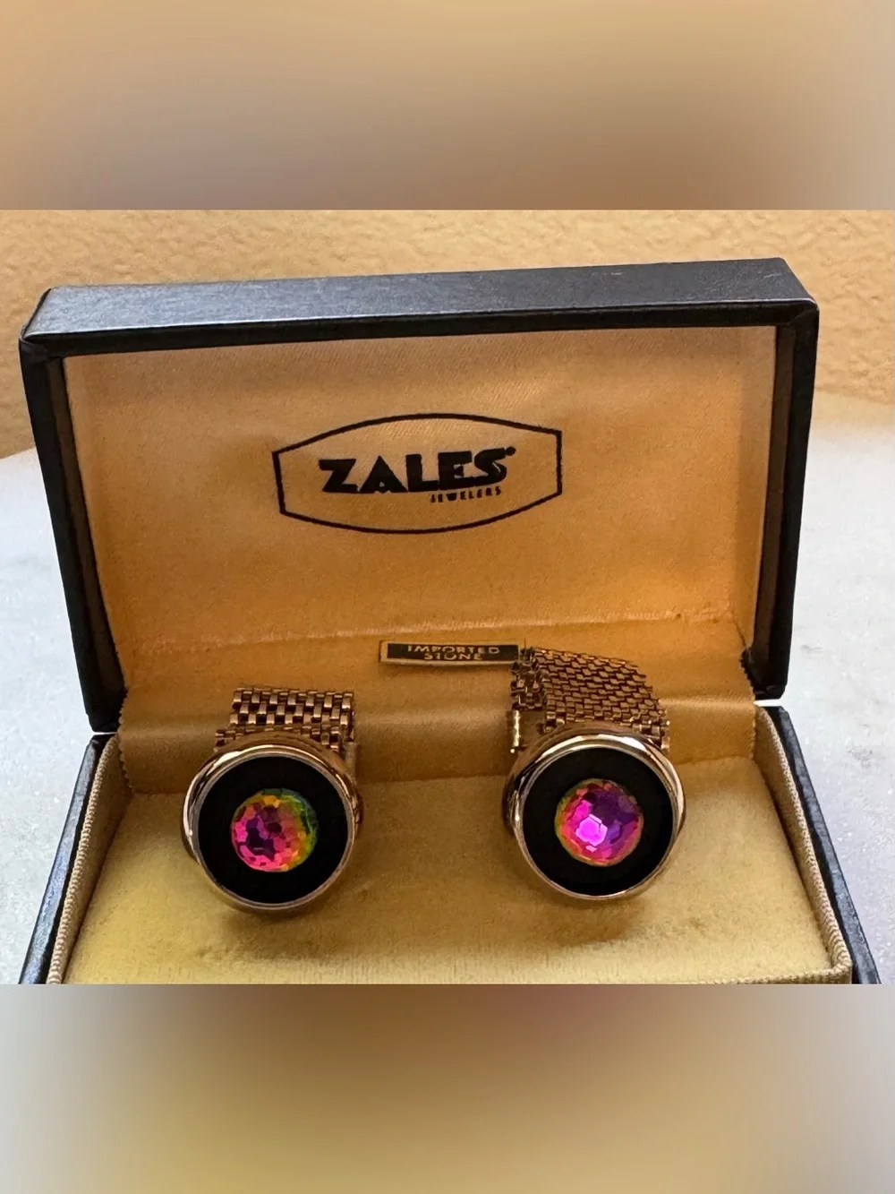 Gold Tone Mesh Cufflinks with Iridescent Prism Art glass Stones